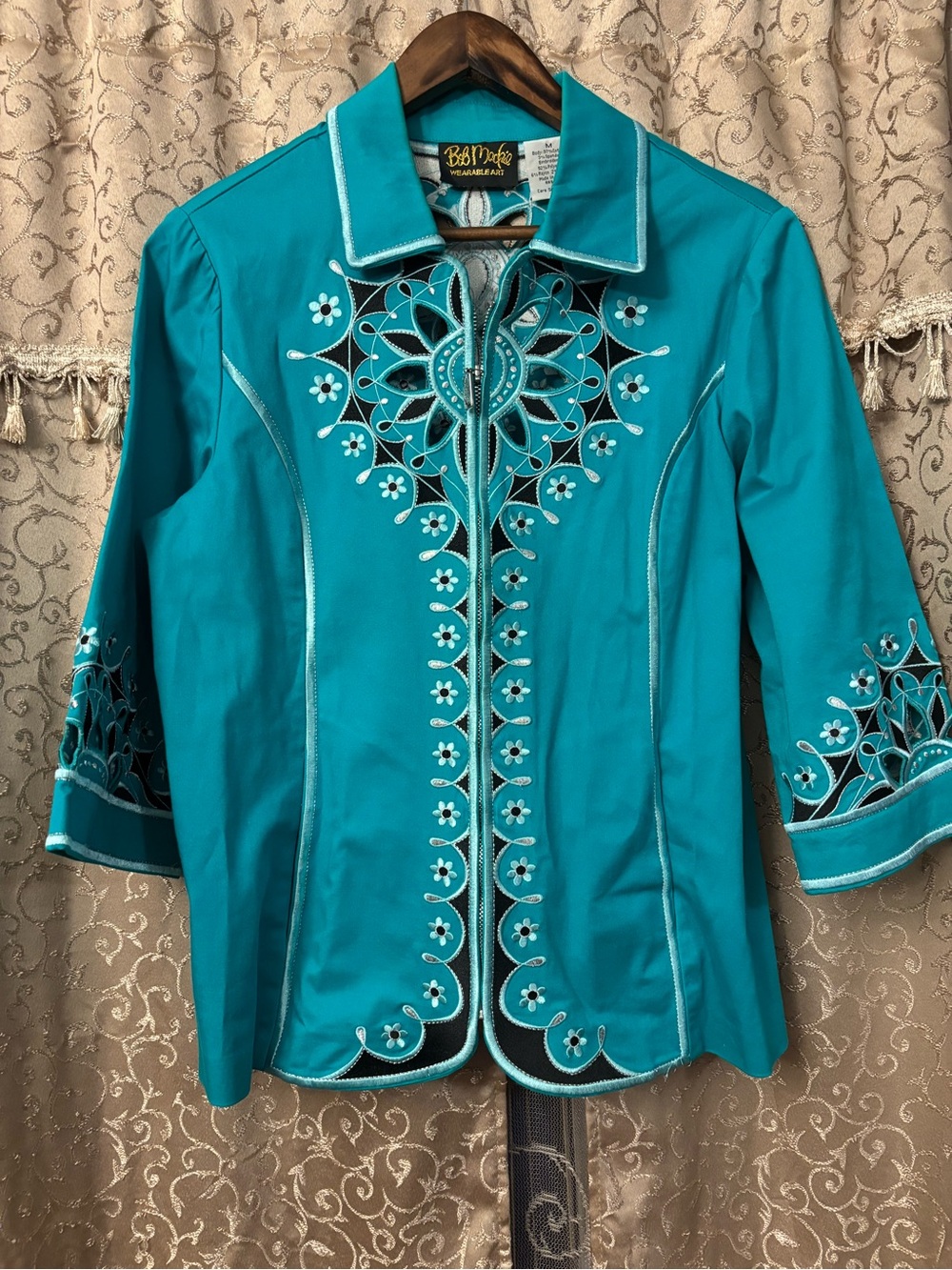 Bob Mackie Wearable Art Teal Turquoise Embroidered Cut Out Zip Jacket Womens -M